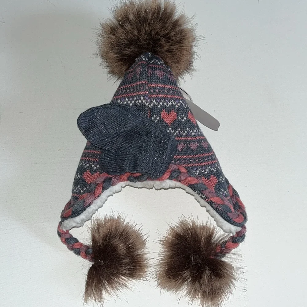 Baby Girl Infant hat with fur trim sherpa lining and 2 mittens gloves heart set